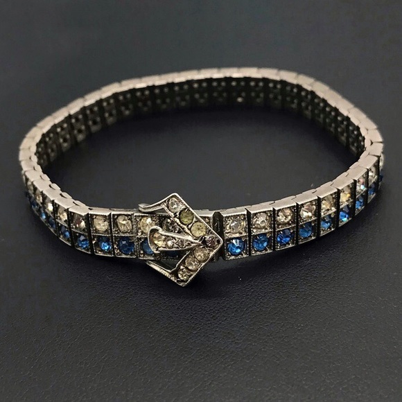 Art Deco Antique Sterling Silver Diamonbar Blue 2 Row Rhinestone Buckle Bracelet - Picture 1 of 9